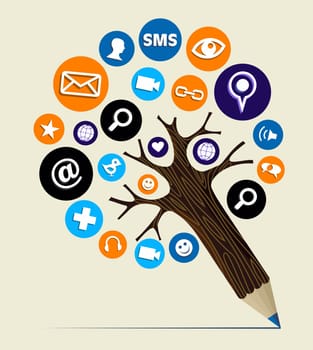 Multimedia internet marketing icons concept pencil tree. Vector illustration layered for easy manipulation and custom coloring.