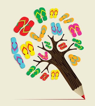 Colorful summer flip flop concept pencil tree. Vector illustration layered for easy manipulation and custom coloring.