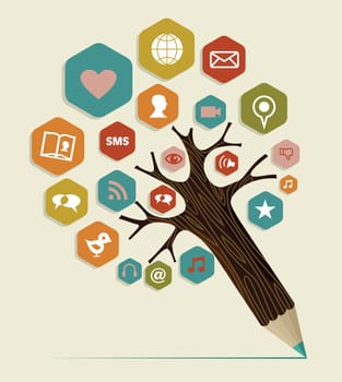 Multimedia social networks concept pencil tree. Vector illustration layered for easy manipulation and custom coloring.