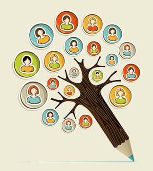 Diversity social media networks sticker people concept pencil tree. Vector illustration layered for easy manipulation and custom coloring.