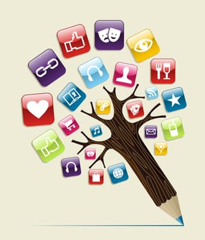 Social media glossy icons buttons concept pencil tree. Vector illustration layered for easy manipulation and custom coloring.