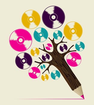 Retro analogue music vinyl disc concept pencil tree. Vector illustration layered for easy manipulation and custom coloring.