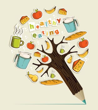 Healthy food eating concept pencil tree. Vector illustration layered for easy manipulation and custom coloring.