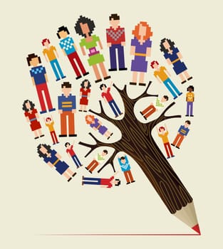 Diversity social media networks pixel people concept pencil tree. Vector illustration layered for easy manipulation and custom coloring.