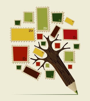 Colorful stamps icons set in pencil tree idea. Vector illustration layered for easy manipulation and custom coloring.