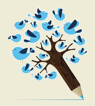 Flying tweeting birds concept pencil tree. Vector illustration layered for easy manipulation and custom coloring.