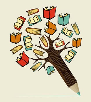 Reading books education concept pencil tree. Vector illustration layered for easy manipulation and custom coloring.