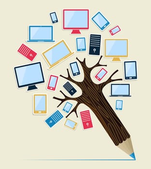 Technology smart devices concept pencil tree. Vector illustration layered for easy manipulation and custom coloring.