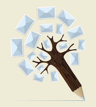 Mailing postcard envelope concept pencil tree. Vector illustration layered for easy manipulation and custom coloring.