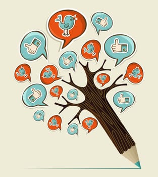 Social media hand drawn icons concept pencil tree. Vector illustration layered for easy manipulation and custom coloring.