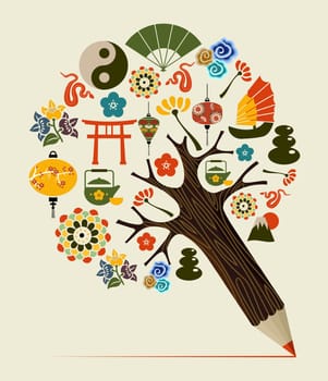 Orient symbols chinese concept pencil tree design. Vector illustration layered for easy manipulation and custom coloring.