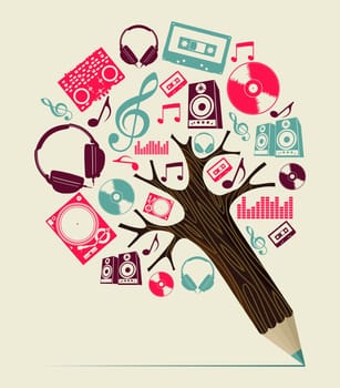 Retro professional Dj music concept pencil tree. Vector illustration layered for easy manipulation and custom coloring.