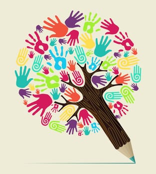 Diversity people hand concept pencil tree. Vector illustration layered for easy manipulation and custom coloring.