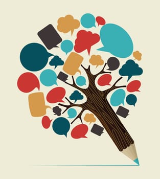 Communication speech bubble concept pencil tree. Vector illustration layered for easy manipulation and custom coloring.