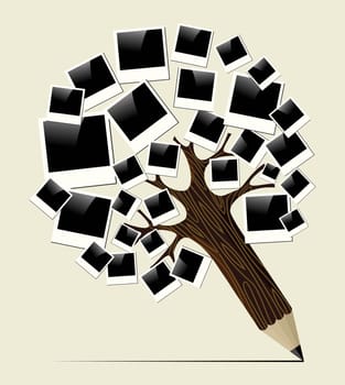 Vintage instant photo frame concept pencil family tree. Vector illustration layered for easy manipulation and custom coloring.