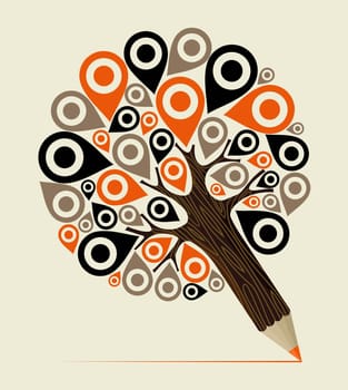 Geo location pin pointer concept pencil tree. Vector illustration layered for easy manipulation and custom coloring.