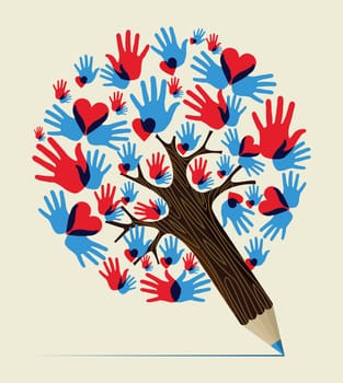 Heart colorful  hands love concept pencil tree design. Vector illustration layered for easy manipulation and custom coloring.
