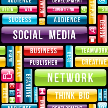 Social media network word cloud in app buttons seamless pattern. Vector illustration layered for easy manipulation and custom coloring.