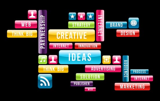 Creative ideas cloud composition with glossy web buttons. Vector illustration layered for easy manipulation and custom coloring.