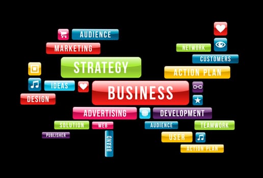 Business strategy cloud composition with glossy web buttons. Vector illustration layered for easy manipulation and custom coloring.