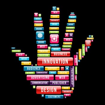 Innovation design hand composition with glossy web buttons. Vector illustration layered for easy manipulation and custom coloring.
