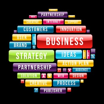 Business strategy circle composition with glossy web buttons. Vector illustration layered for easy manipulation and custom coloring.