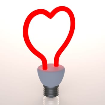 Red heart shaped light bulb isolated on white.