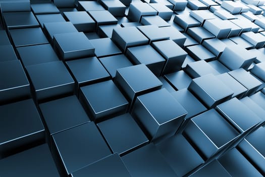Blue metal cubes with back light, abstract background, 3d render