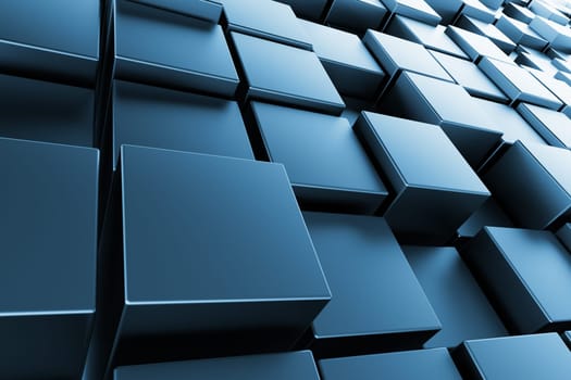 Blue metal cubes with back light, abstract background, 3d render