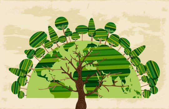 Bright Tree world of trees over abstract background. Vector file layered for easy manipulation and custom coloring.