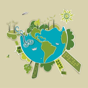 Go green world. Industry sustainable development with environmental conservation background illustration. Vector file layered for easy manipulation and custom coloring.
