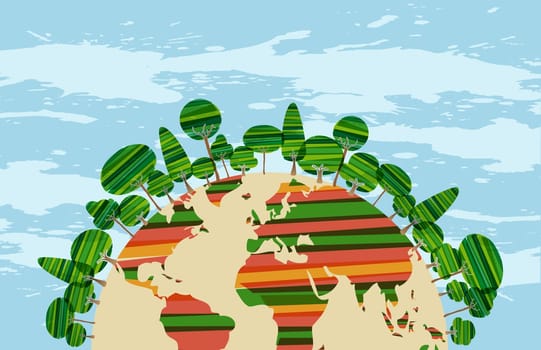 Colorfu green world concept over sky blue grunge background . Vector file layered for easy manipulation and custom coloring.