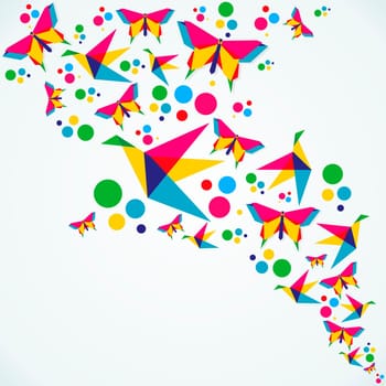 Spring origami butterfly and birds colorful composition. Vector illustration layered for easy manipulation and custom coloring.