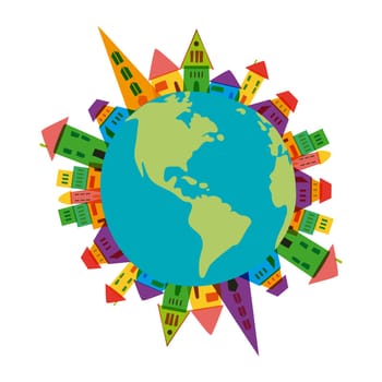 Colorful tree city buildings concept over the world over white background. Vector file layered for easy manipulation and custom coloring.