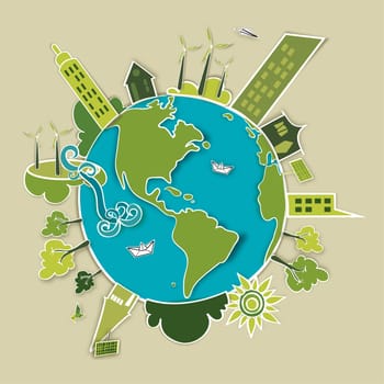 Go green concept world. Industry sustainable development with environmental conservation Globe. Vector illustration file layered for easy manipulation and custom coloring.