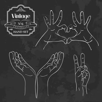 Retro style blackboard with different hand gestures set. Vector illustration layered for easy manipulation and custom coloring.