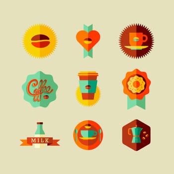 Colorful coffee shop flat icons over beige background set. Vector file layered for easy manipulation and custom coloring.