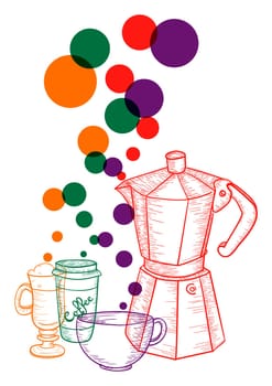 Colorful trendy coffee isolated pattern concept . EPS10 file version. This illustration contains transparencies and is layered for easy manipulation and custom coloring.