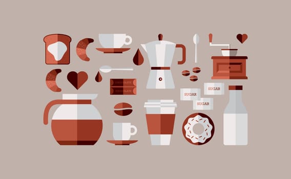 Colorful coffee breakfast icon set over beige background. Vector file layered for easy manipulation and custom coloring.