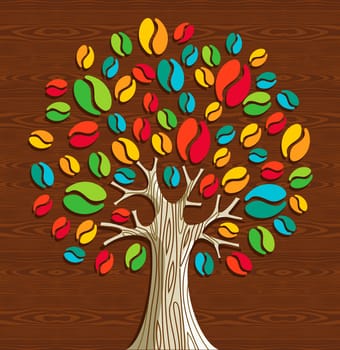 Colorful coffee beans tree over wood seamless pattern. Vector file layered for easy manipulation and custom coloring.