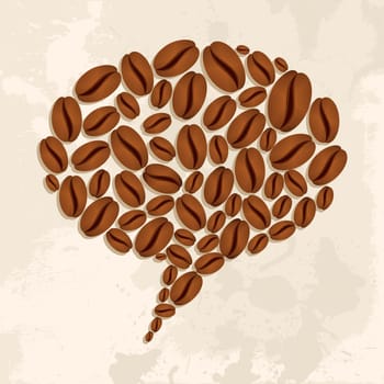 Bubble chat shape made ​​of coffee beans over textured background. Vector file layered for easy manipulation and custom coloring.