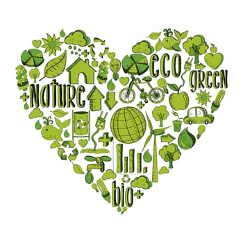 Trendy heart with environmental hand drawn icons in green. This illustration is layered for easy manipulation and custom coloring