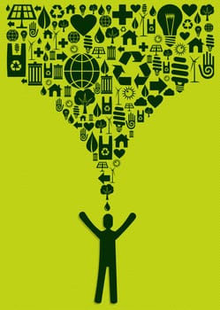 Green environment icons set splas eco man yellow background. Vector file layered for easy manipulation and custom coloring.