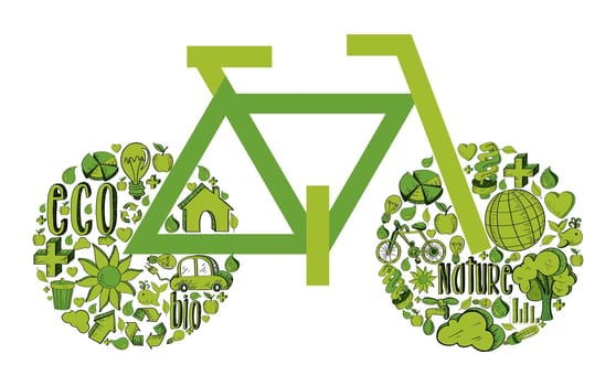 bicycle with environmental hand drawn icons in green. This illustration is layered for easy manipulation and custom coloring