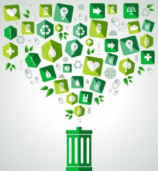 Green icon splash over trash can eco friendly set. Vector file layered for easy manipulation and custom coloring.