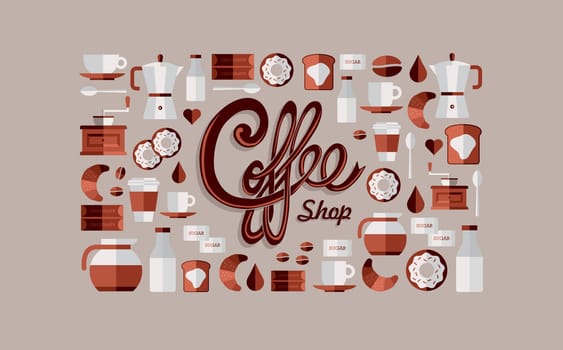 Colorful coffee shop icon over beige background set. Vector file layered for easy manipulation and custom coloring.