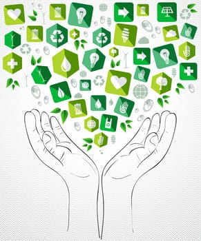 Green icons open hands concept splash. Vector file layered for easy manipulation and custom coloring.