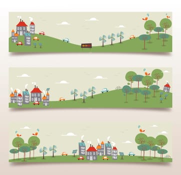 Ecology city and forest idea banner set. Vector illustration layered for easy manipulation and custom coloring.