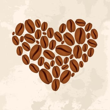 Herat shape made ​​of coffee beans over textured background. Vector file layered for easy manipulation and custom coloring.