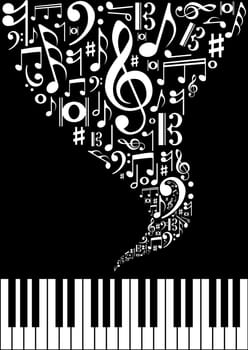 Musical splash concept background with note and instrument silhouettes. Vector illustration layered for easy manipulation and custom coloring.